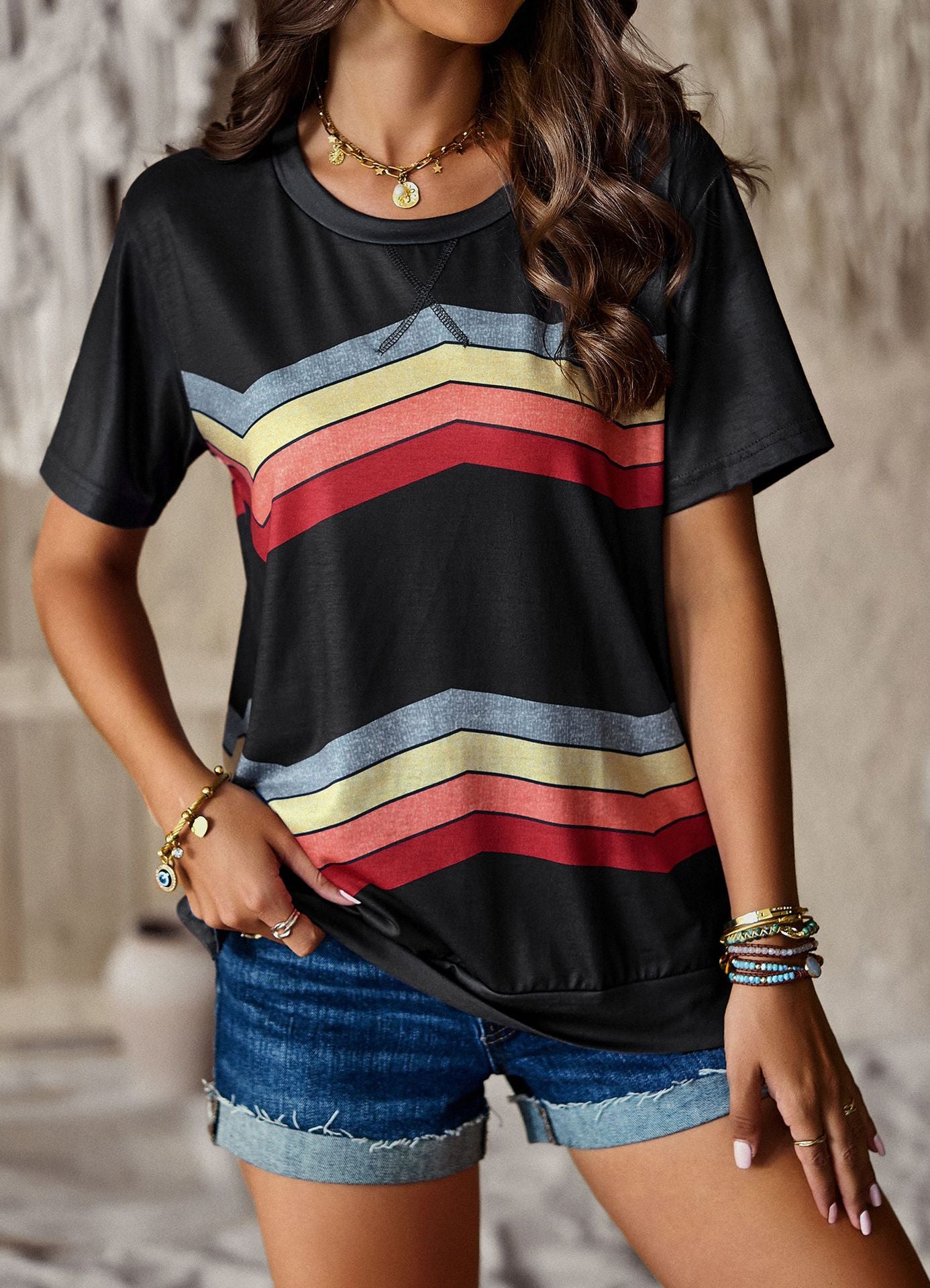 Crew Neck T-Shirt Rainbow Stripe Top