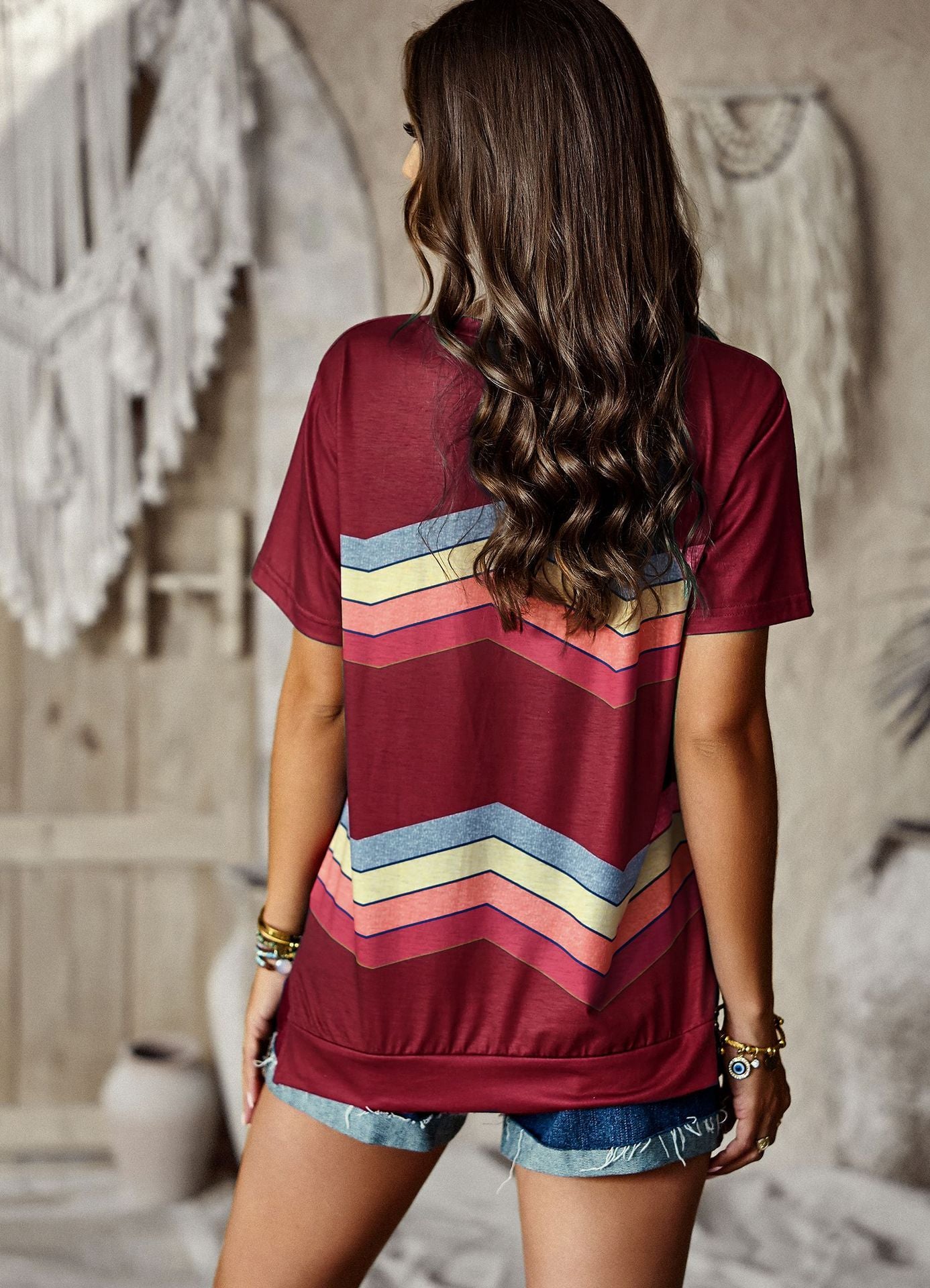 Crew Neck T-Shirt Rainbow Stripe Top