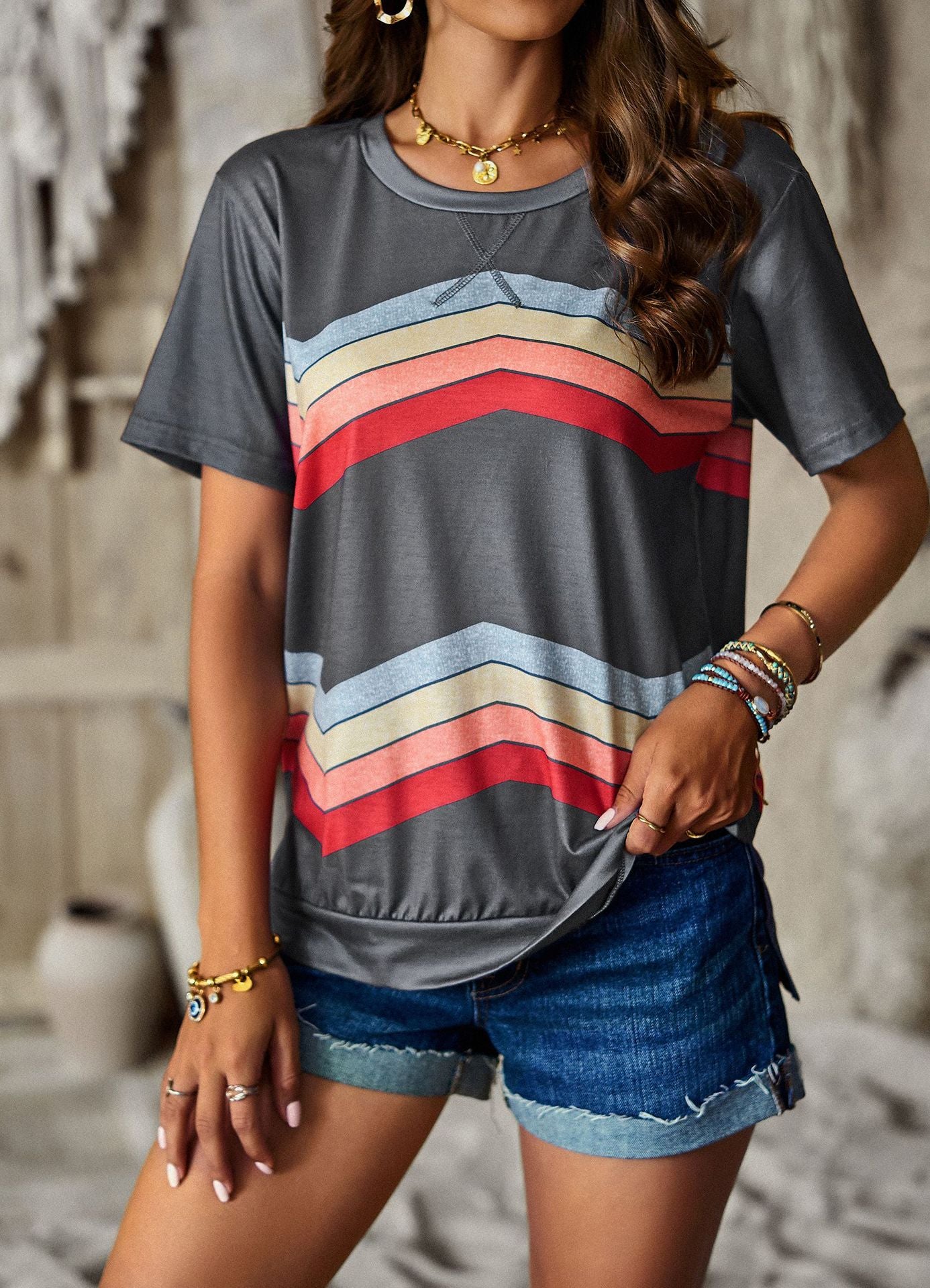 Crew Neck T-Shirt Rainbow Stripe Top
