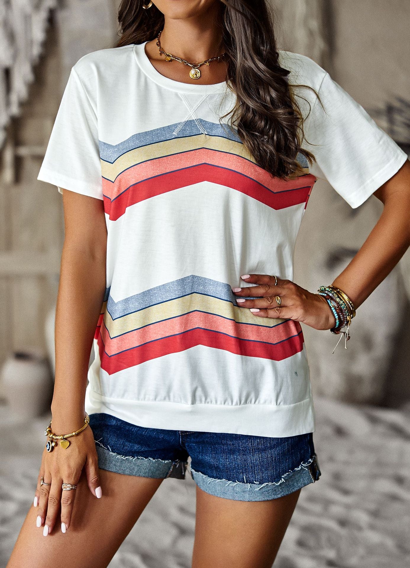 Crew Neck T-Shirt Rainbow Stripe Top