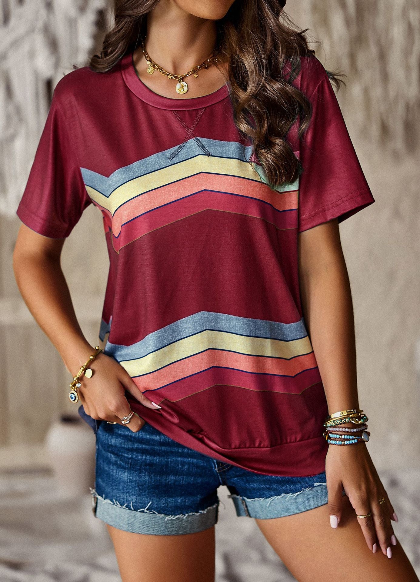 Crew Neck T-Shirt Rainbow Stripe Top