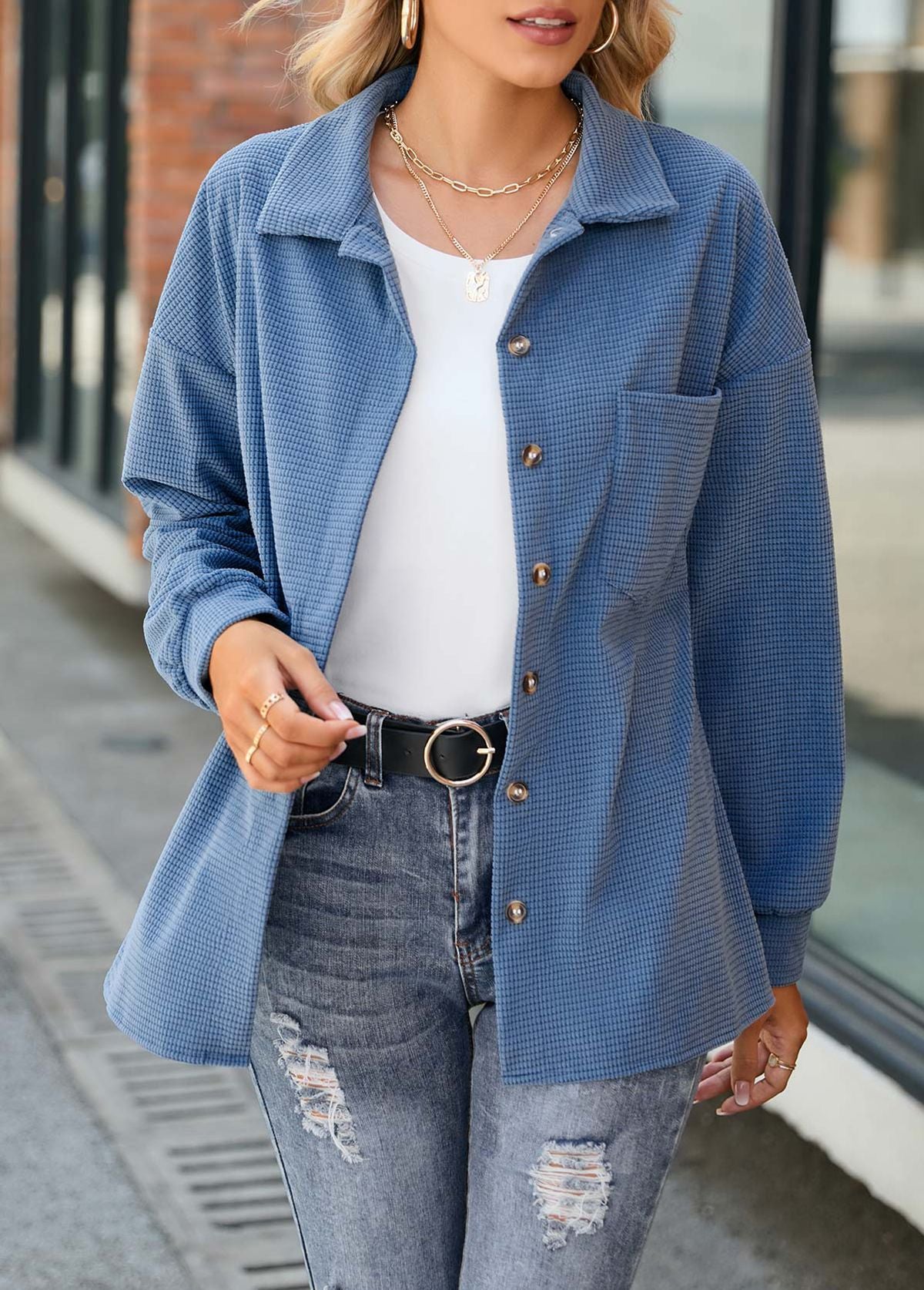 Solid Color Loose Fashion Button Long Sleeve Cardigan Jacket