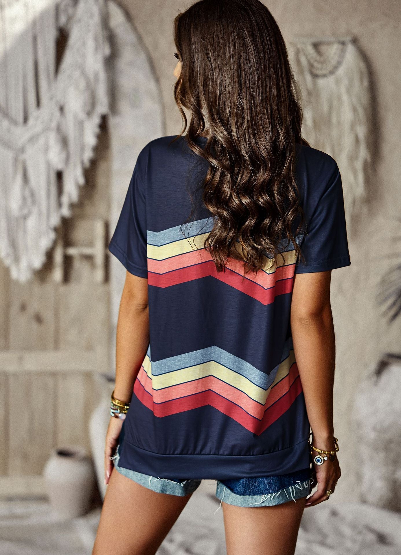 Crew Neck T-Shirt Rainbow Stripe Top