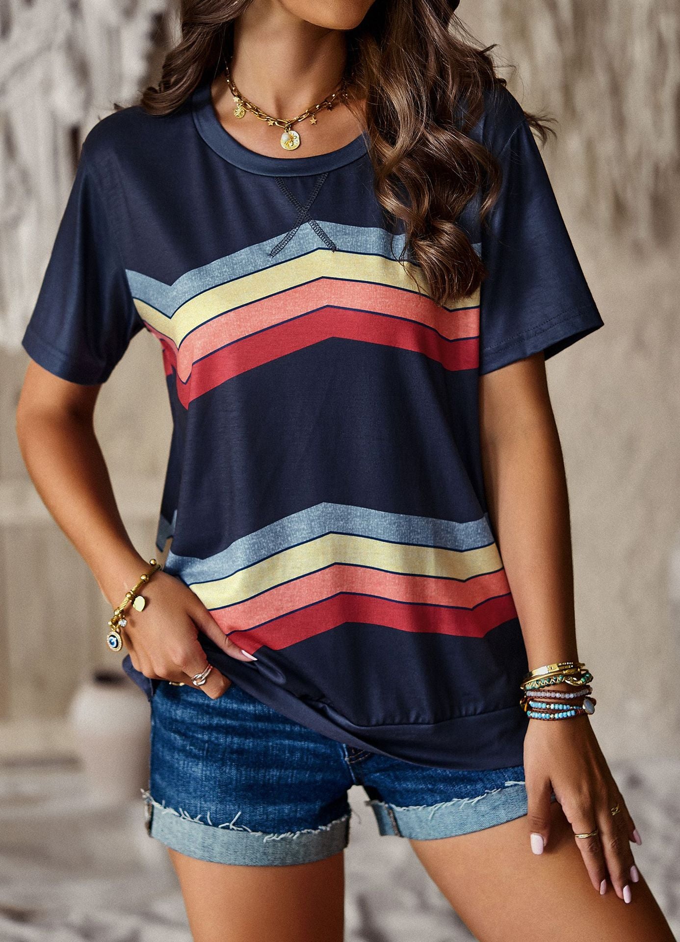 Crew Neck T-Shirt Rainbow Stripe Top
