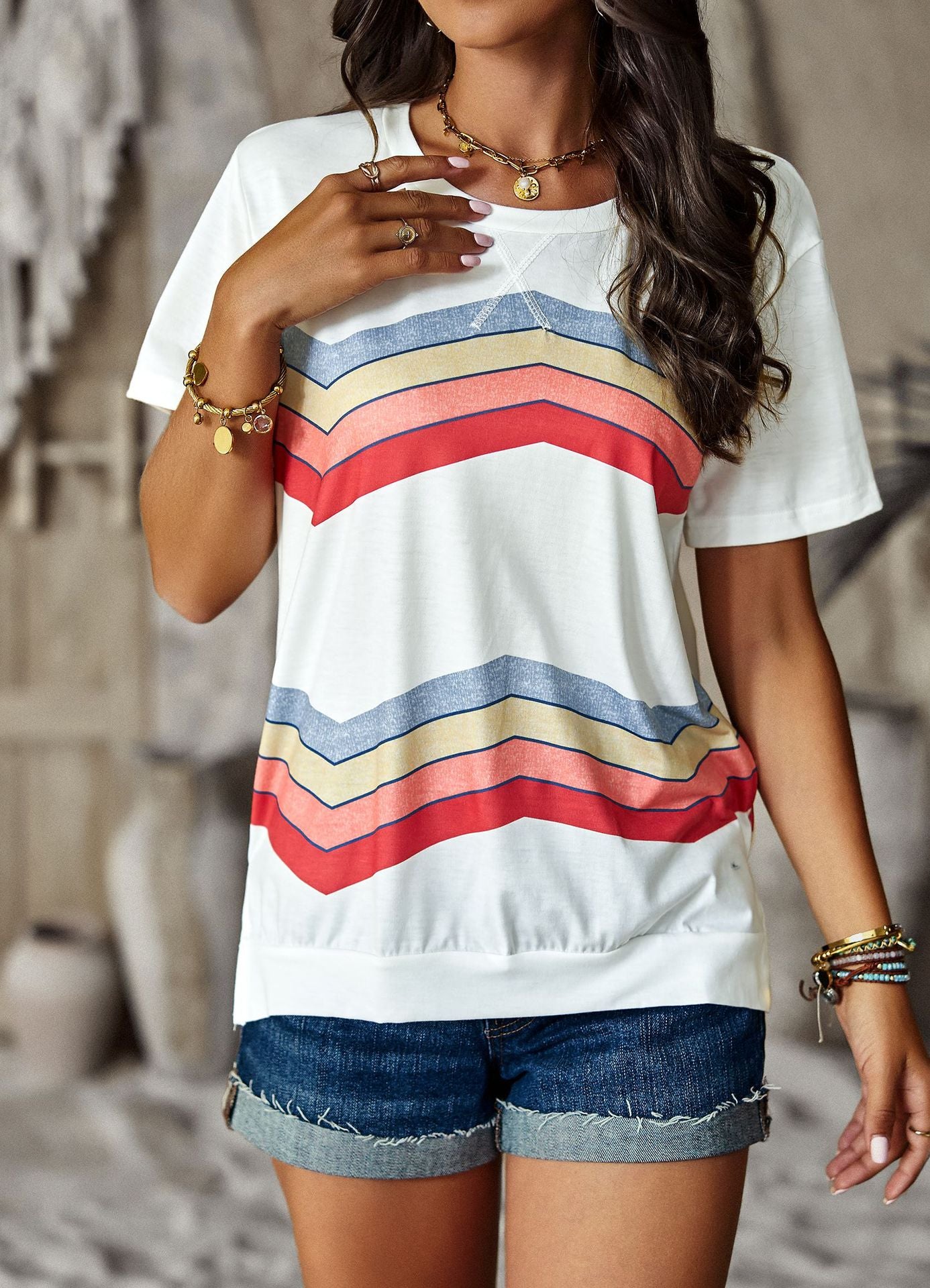 Crew Neck T-Shirt Rainbow Stripe Top