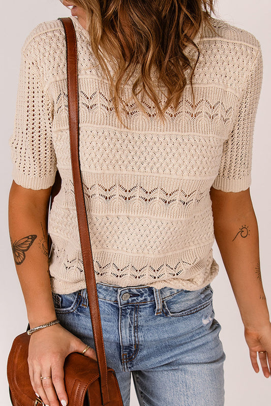 Apricot Crochet Hollow-out Short Sleeve T-shirt