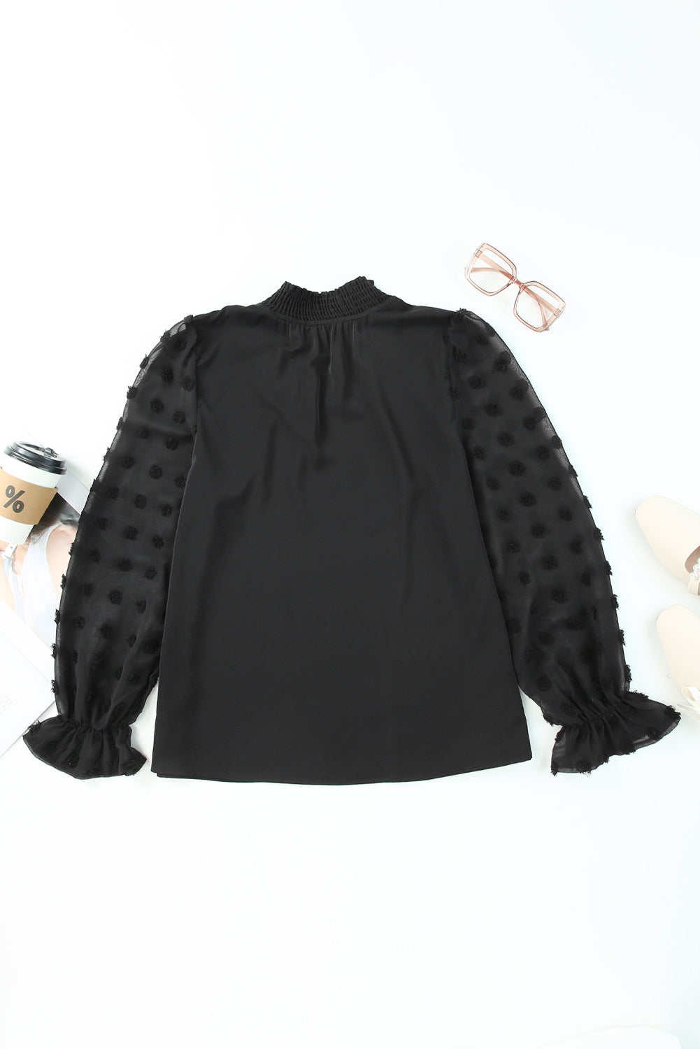 Black Swiss Dot Sheer Puff Sleeve Smocked High Neck Blouse