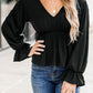 Pleated Ruffled V Neck Babydoll Top