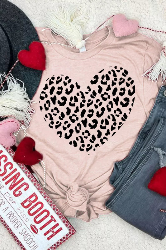 Pink Leopard Heart Shaped Print Crew Neck Graphic Tee