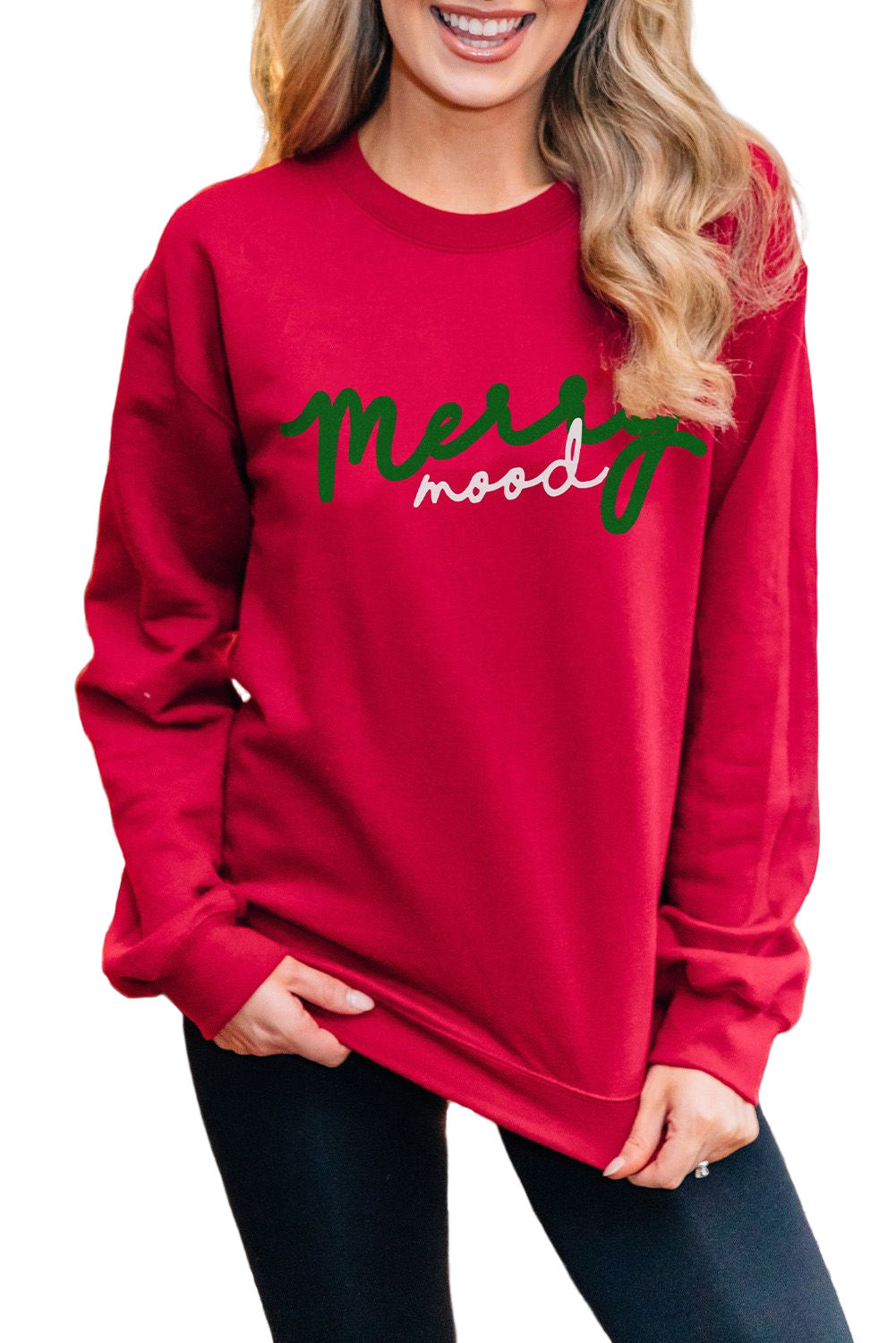 Red Merry Mood Long Sleeve Pullover Sweatshirt