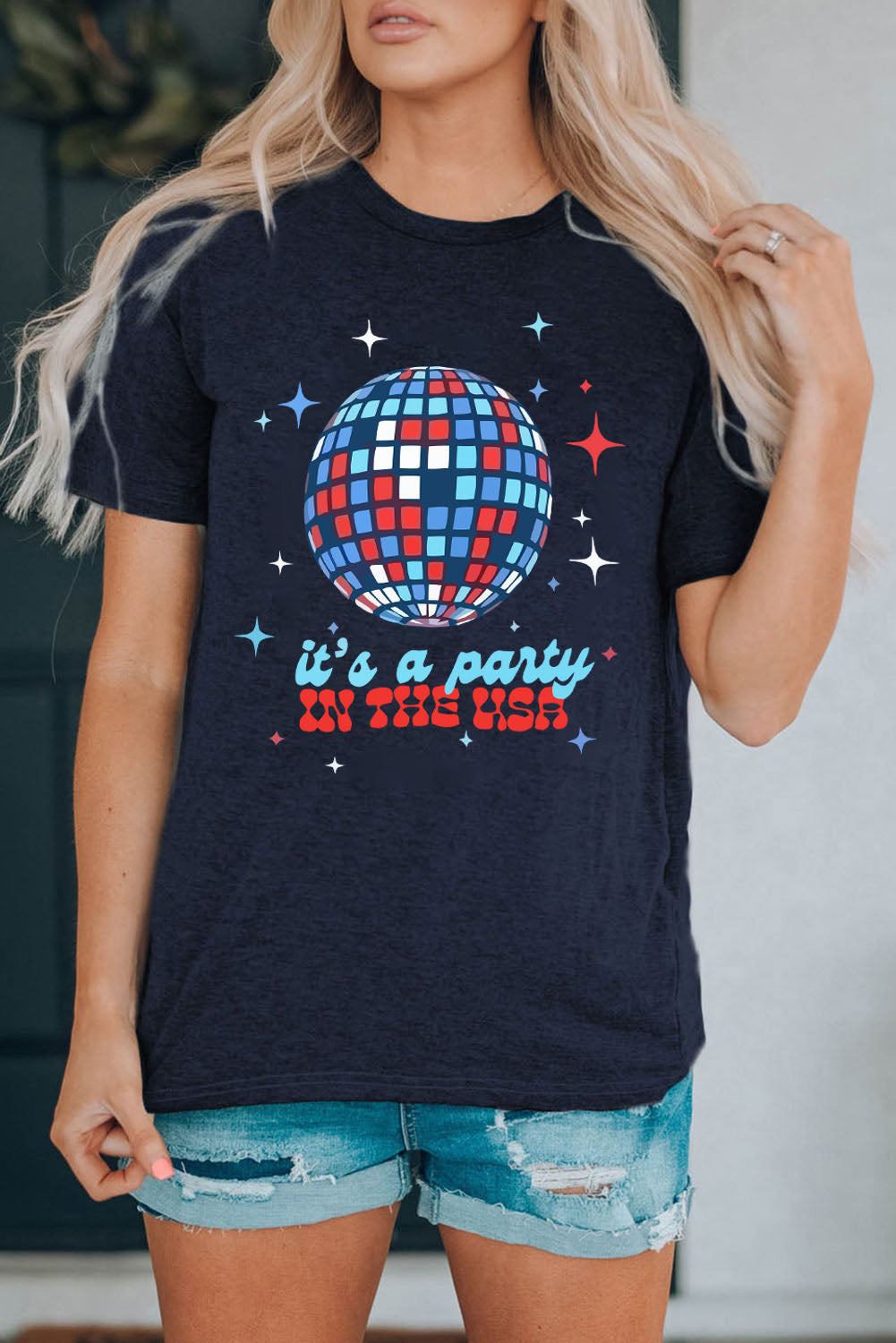 Blue Party In USA Graphic Print Short Sleeve T Shirt