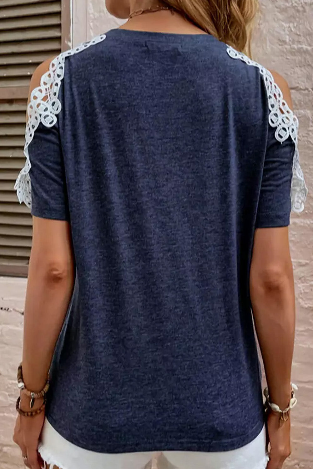 Blue Lace Splicing Twist Cold Shoulder Blouse