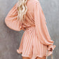 Pleated Ruffled Tie Waist Buttons V Neck Romper