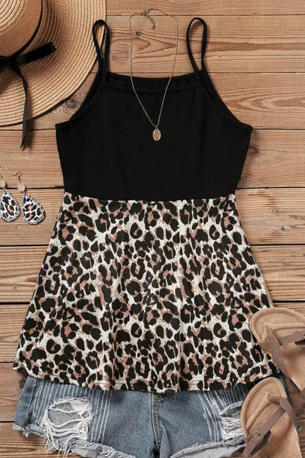 Leopard Patchwork Spaghetti Strap Tank Top