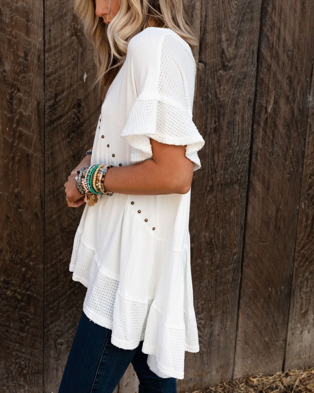 White Contrast Knit Splicing V Neck Studded Blouse