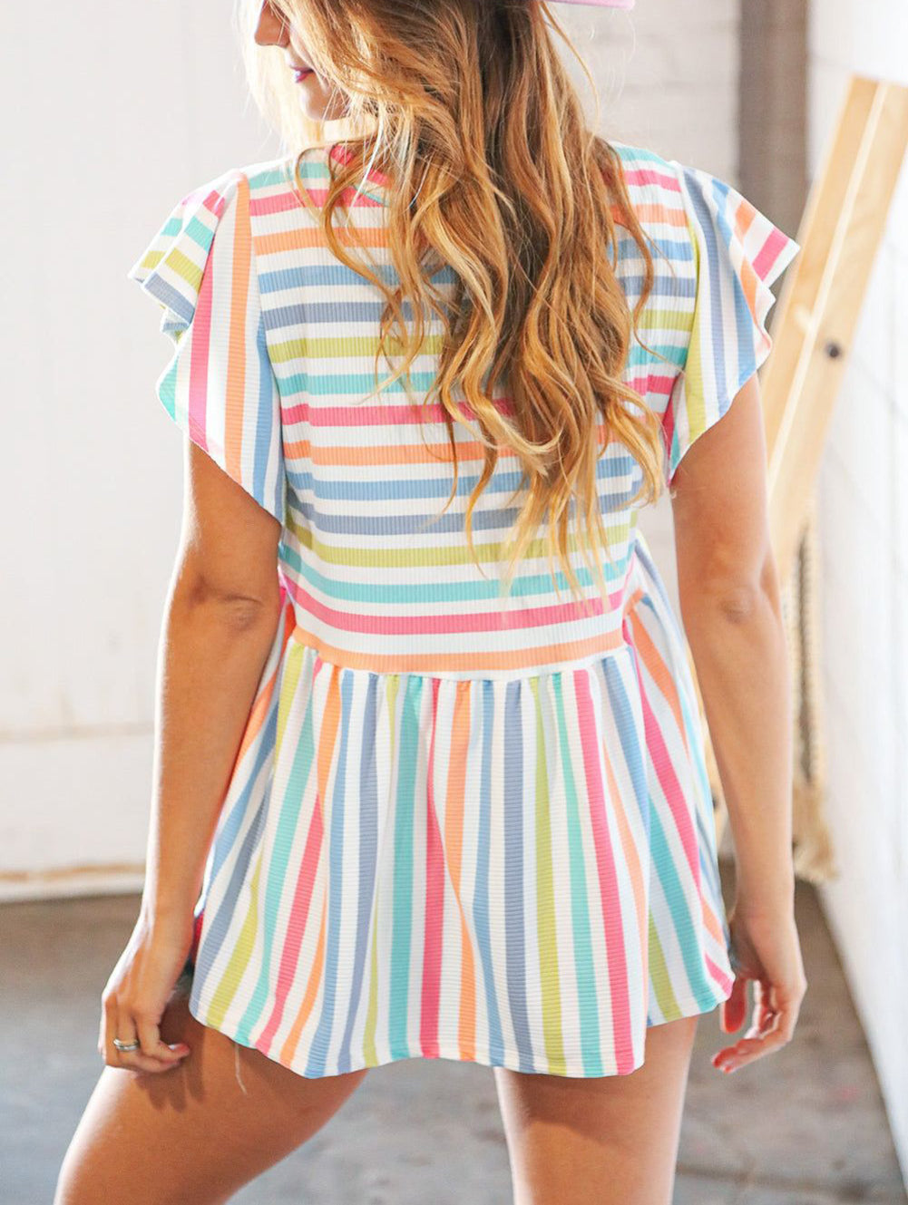Multicolor Stripe Print Textured Knit Babydoll Blouse