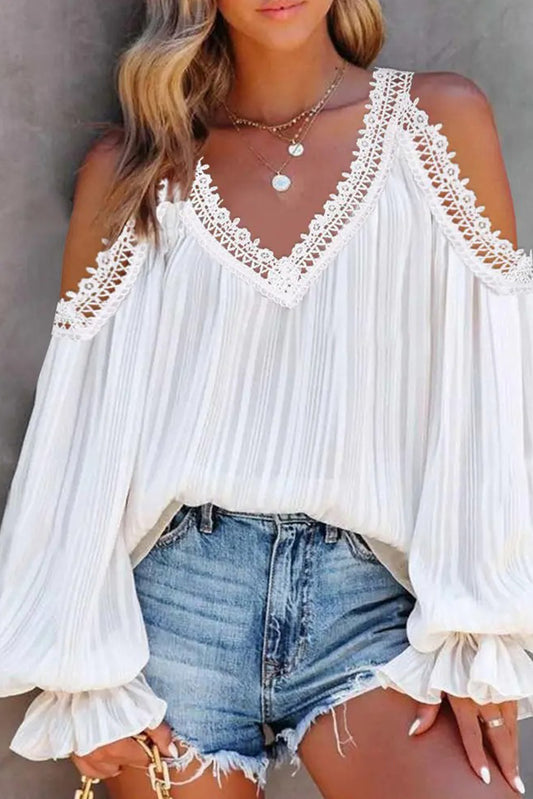 Lace Crochet Splicing Cold Shoulder V Neck Blouse