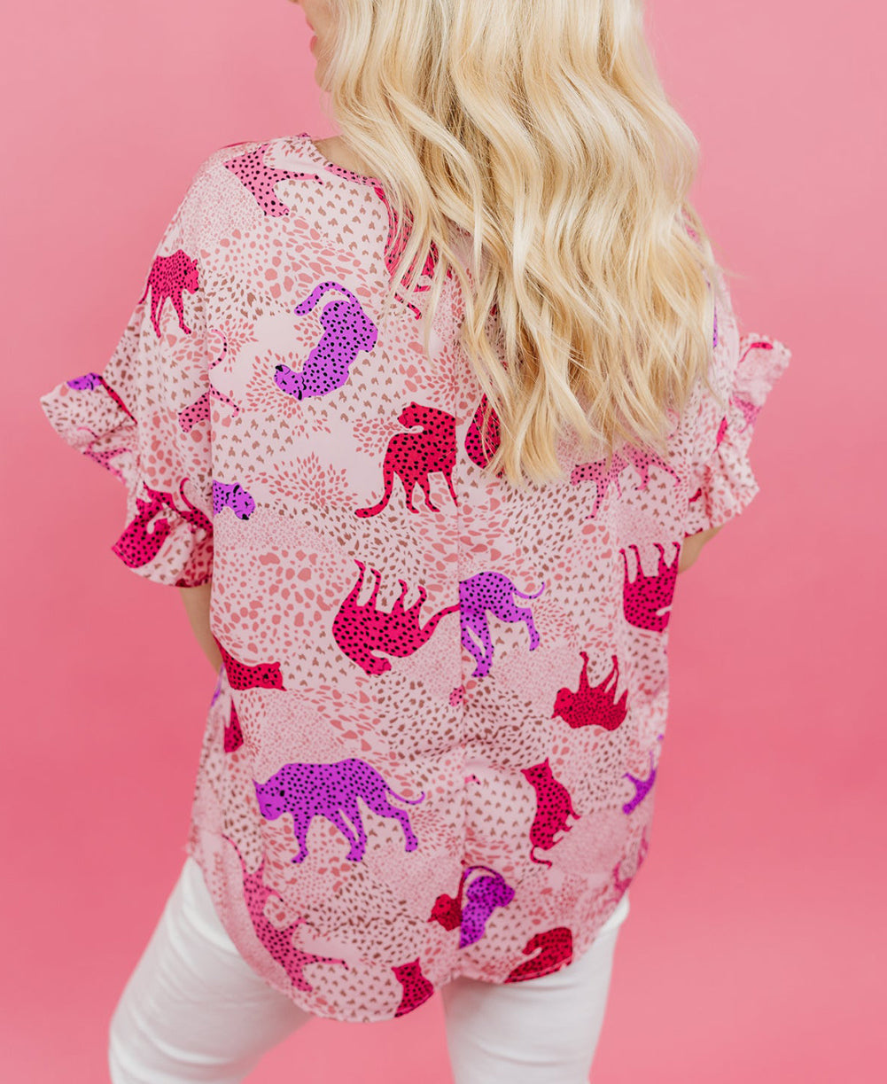 Pink Plus Size Jaguar Print Ruffled Short Sleeves Top