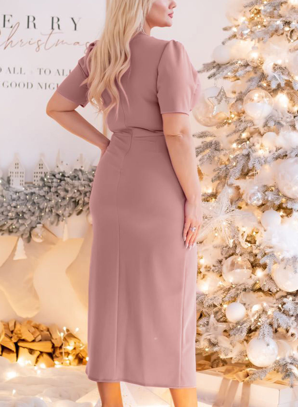 Pink Plus Size Wrap V Neck Slit Hem Midi Dress