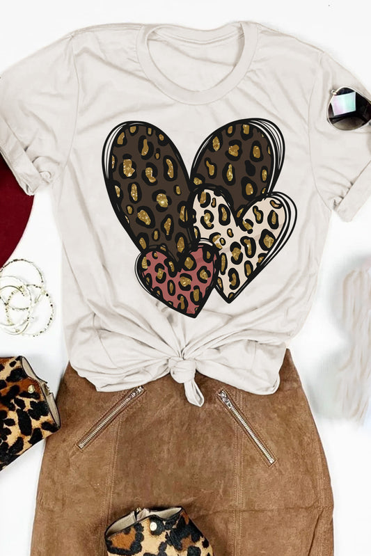 White Leopard Heart Shaped Print Short Sleeve Graphic Tee