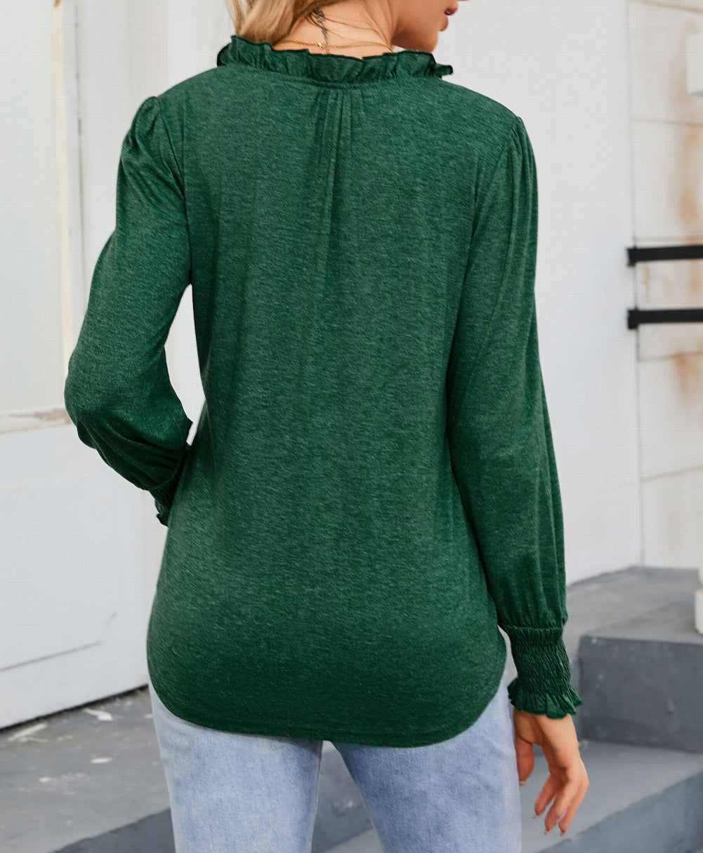 Frill V Neck Puff Long Sleeve Top