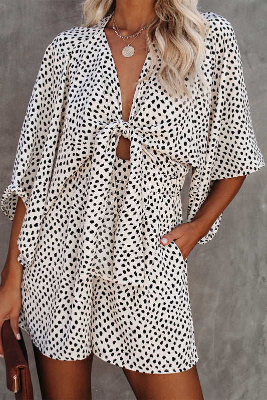 White Tie Front Deep V Neck Bat Sleeve Romper