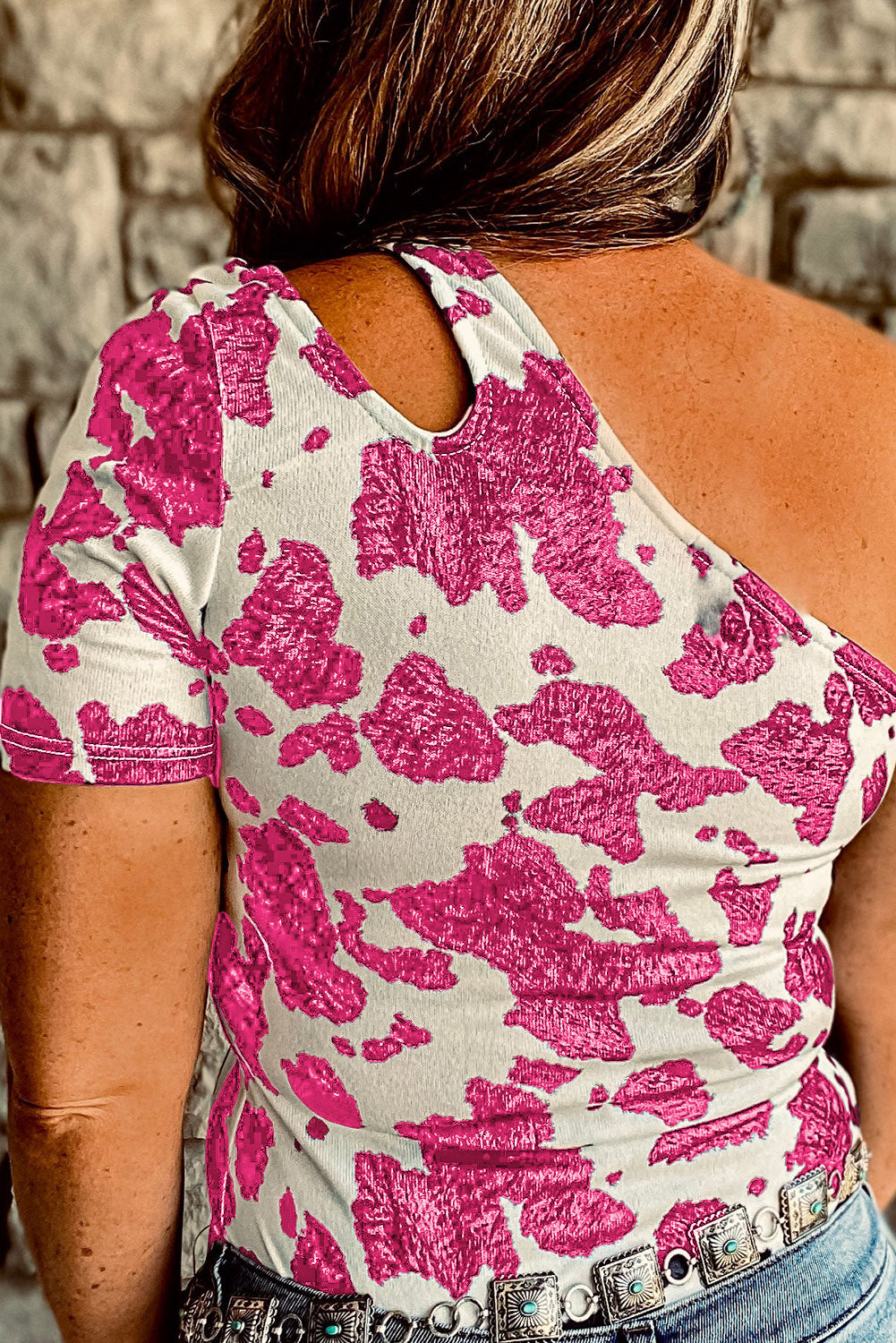 One Shoulder Cow Print Cut out Short Sleeve Top
