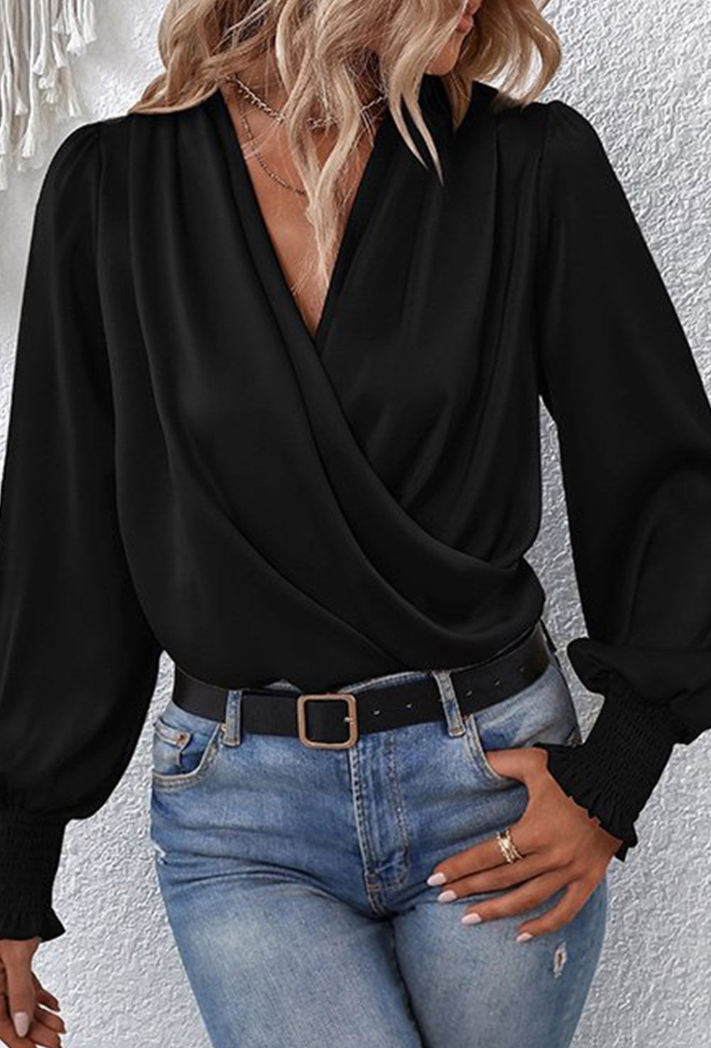 Drape V Neck Smocked Long Sleeve Blouse