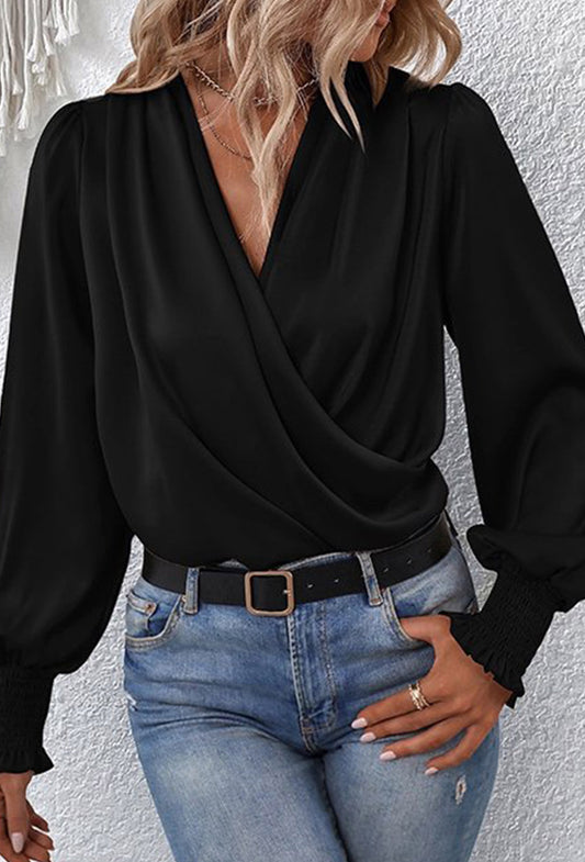 Drape V Neck Smocked Long Sleeve Blouse