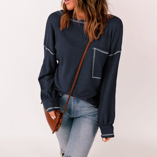 Contrast Stitching Trim Waffle Knit Pullover