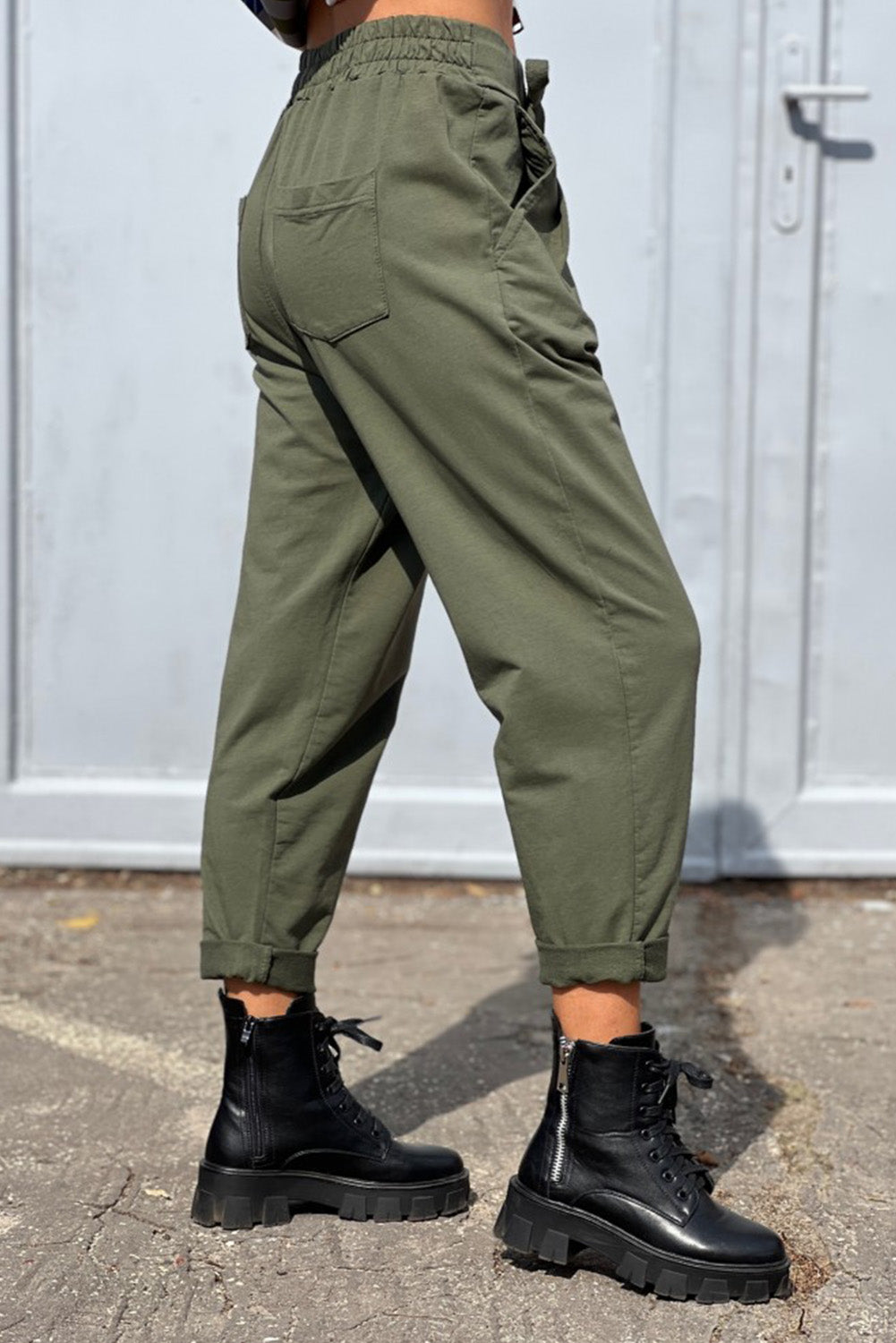 Green Casual Elastic Drawstring Waist Pants