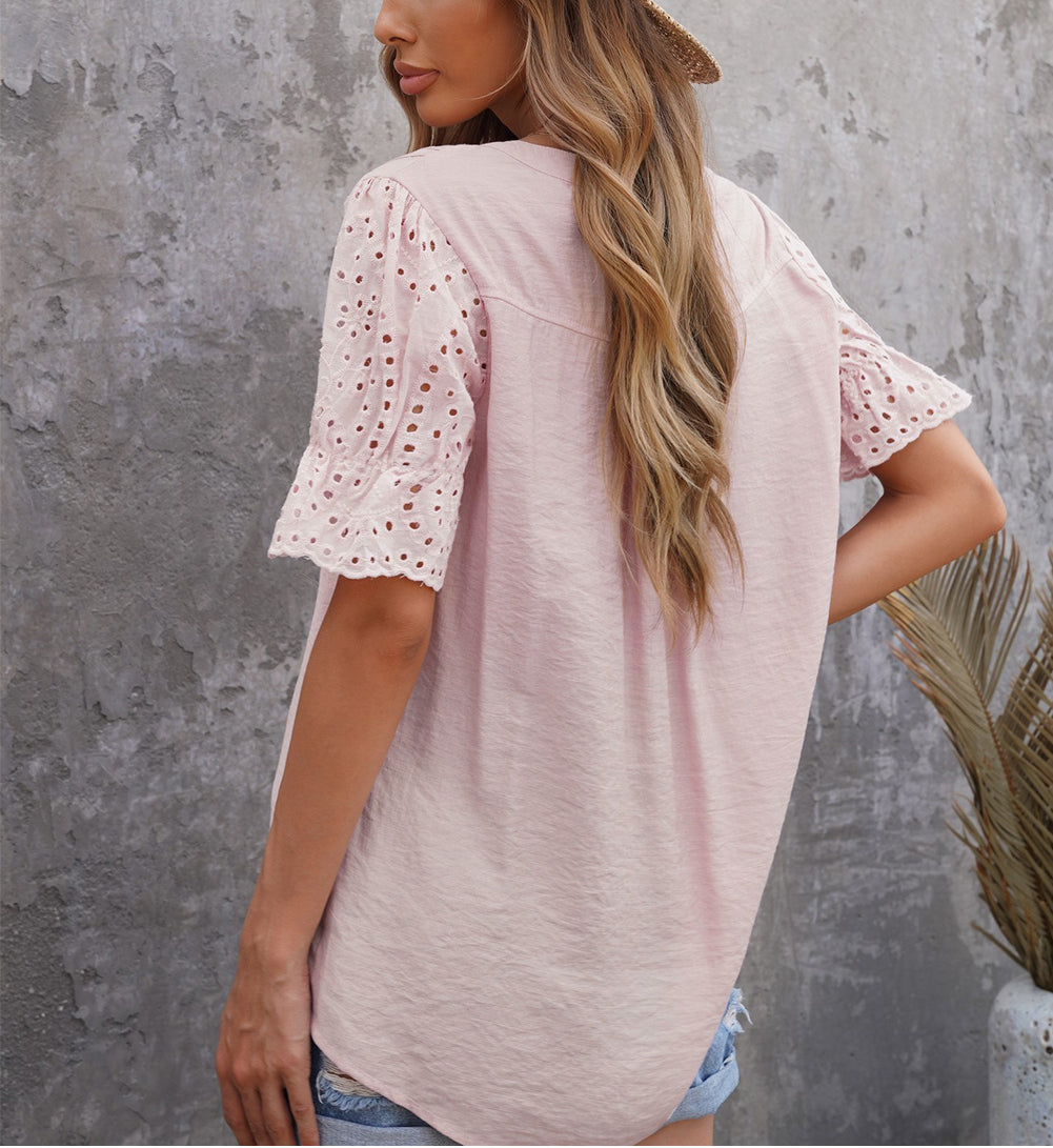 V Neck Eyelet Short Sleeve Pleated Blouse