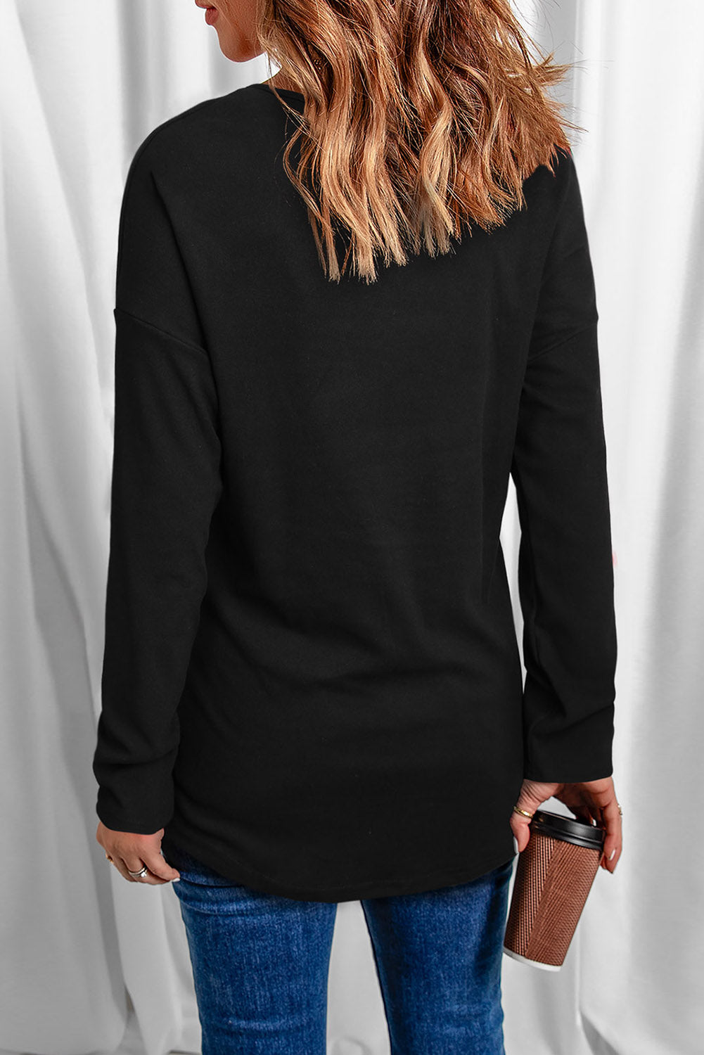 Black Skull Glitter Graphic Print V Neck Long Sleeve Top