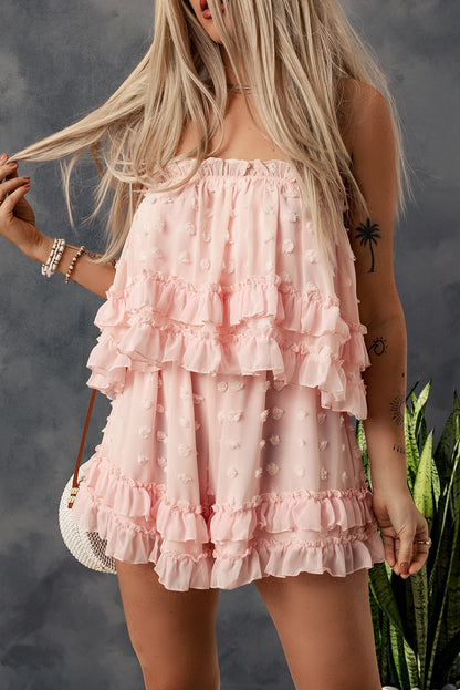 Pink Swiss Dot Frill Tiered Strapless Romper