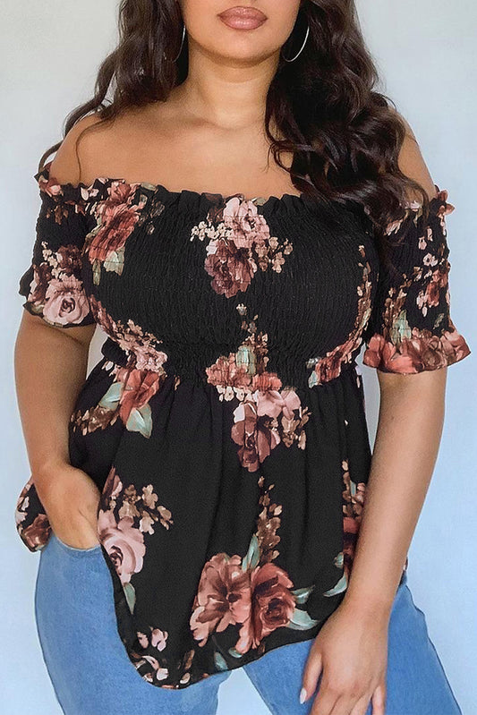 Floral Smocked Off Shoulder Plus Size Blouse
