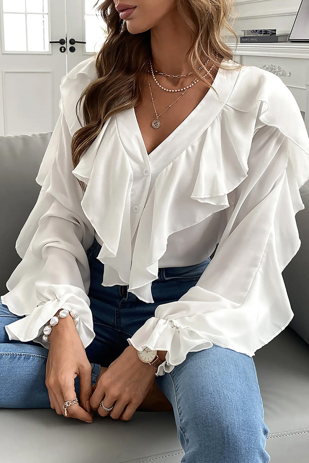 White Ruffles V Neck Puff Sleeve Shirt