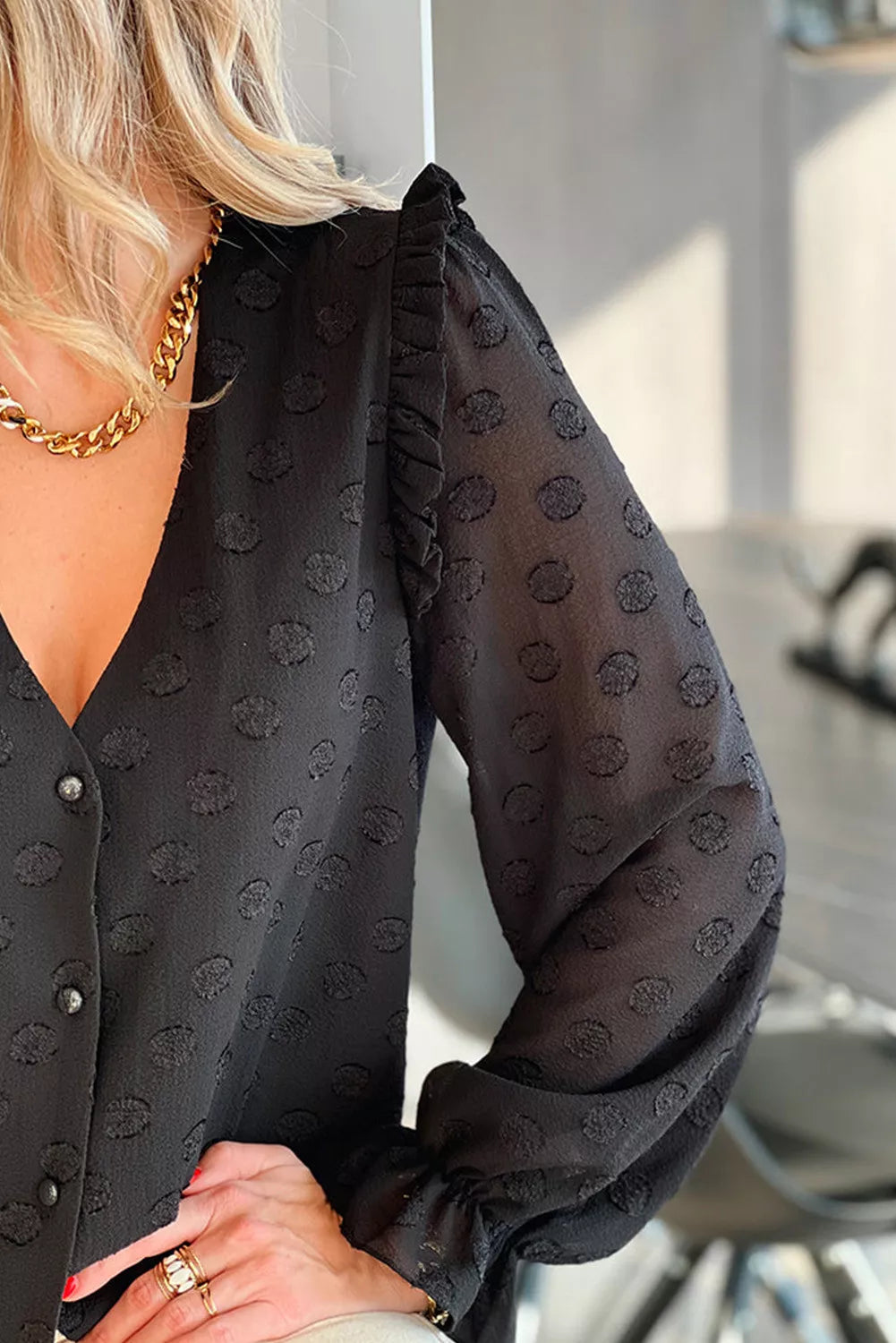 Turn-down Neck Swiss Dot Texture Sheer Shirt