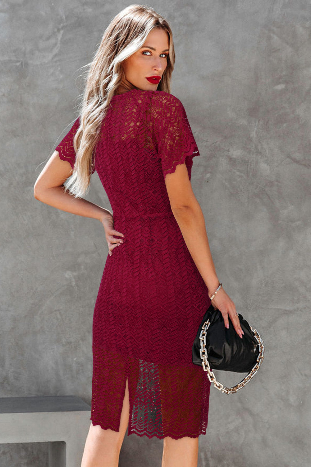 Red Crochet Short Sleeves Lined Midi Dress