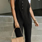 Black Spaghetti Straps Crinkle Henley Jumpsuit