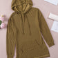 Green Ribbed Drawstring Pullover Hoodie with Kangaroo Pocket