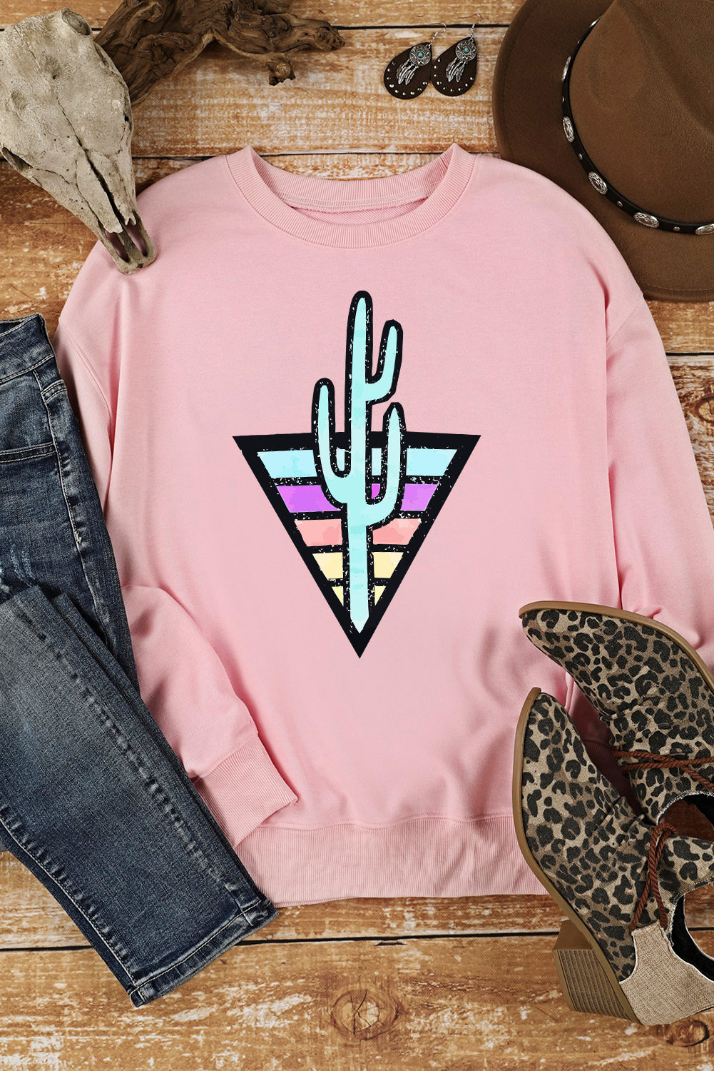 Western Cactus Color Block Pullover Sweatshirt