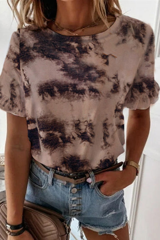 Brown Vintage Tie Dye Ruffle Short Sleeve T Shirt