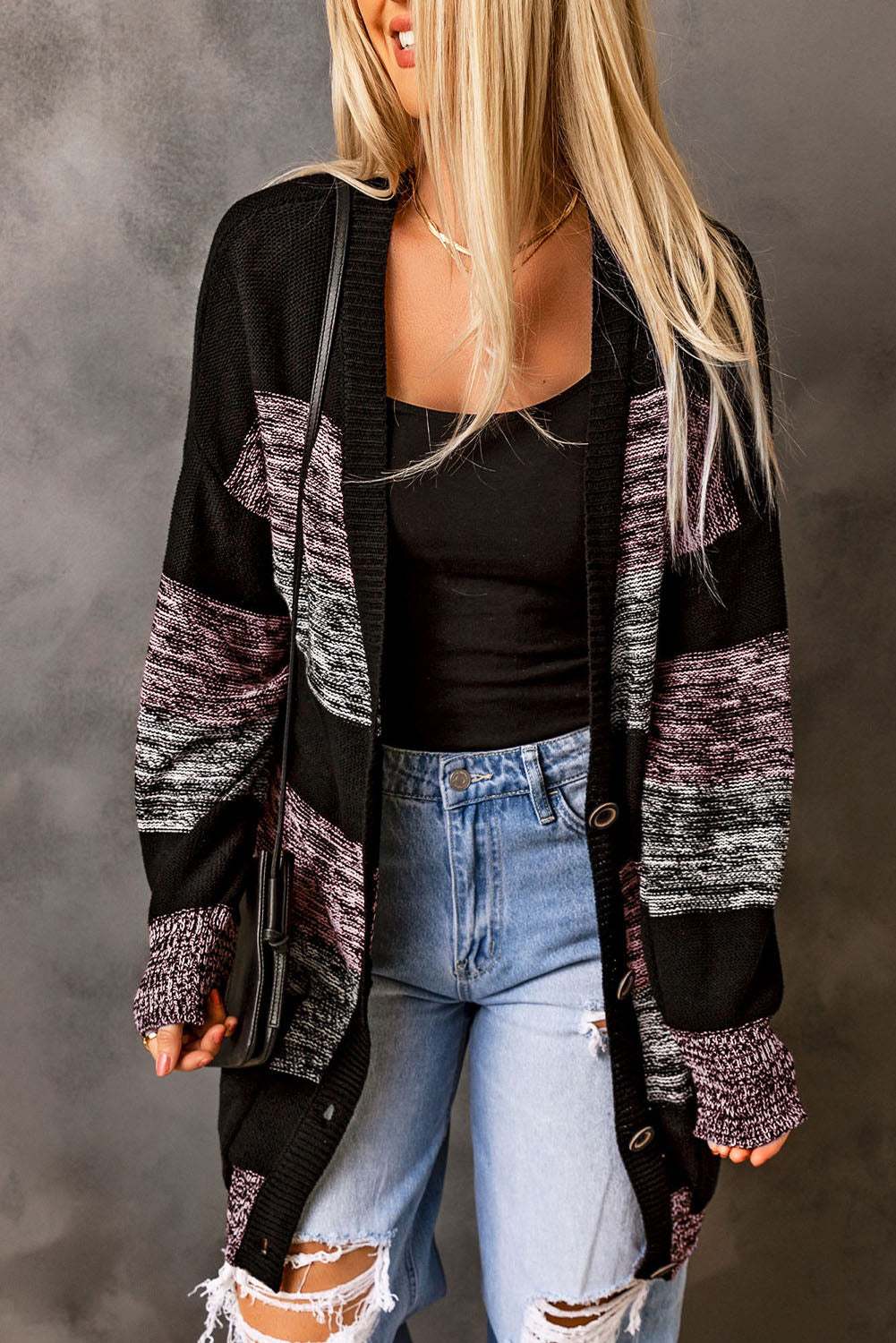 V Neck Buttons Front Colorblock Cardigan with Pockets