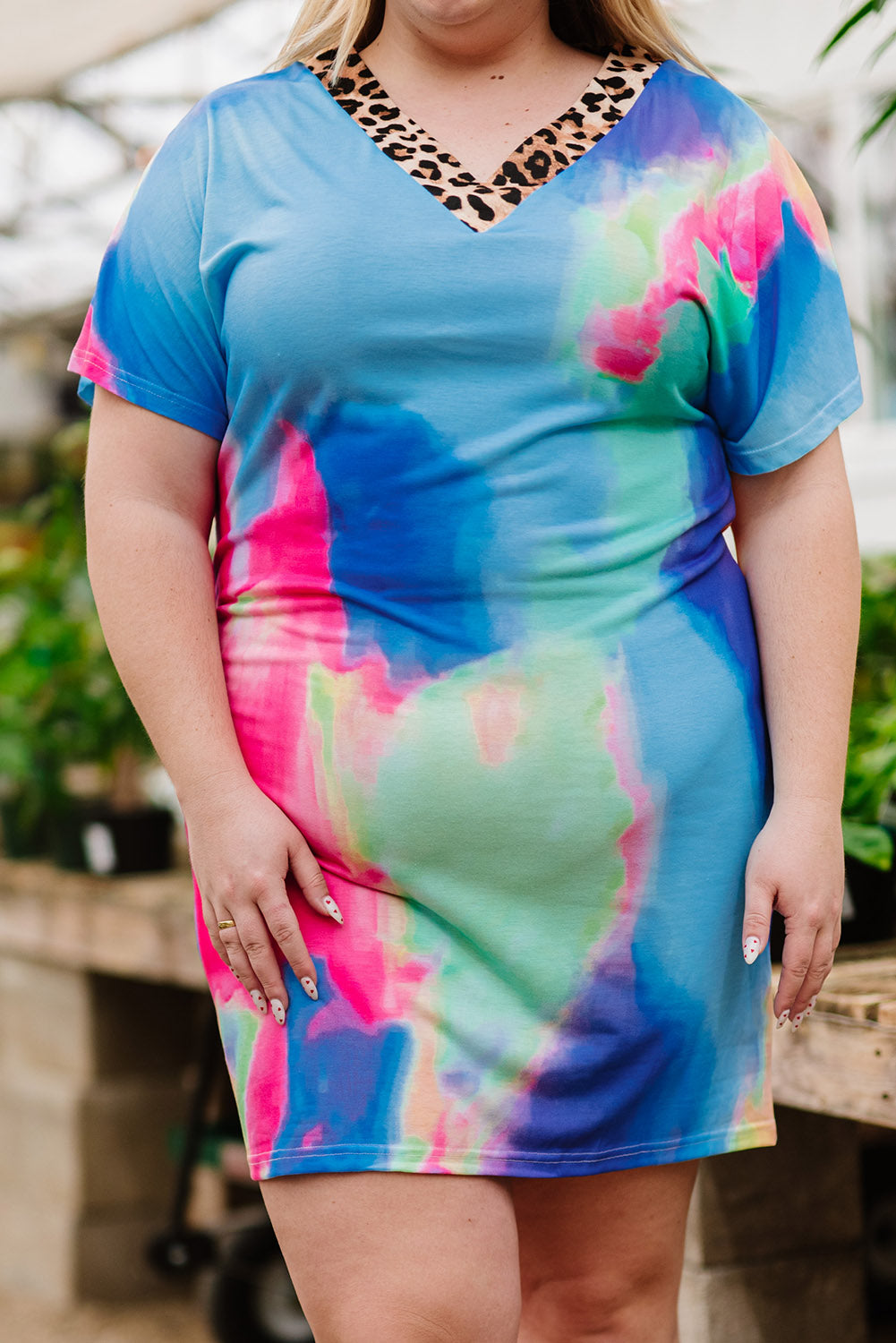 V Neck Tie Dye Leopard Splicing Plus size Mini Dress