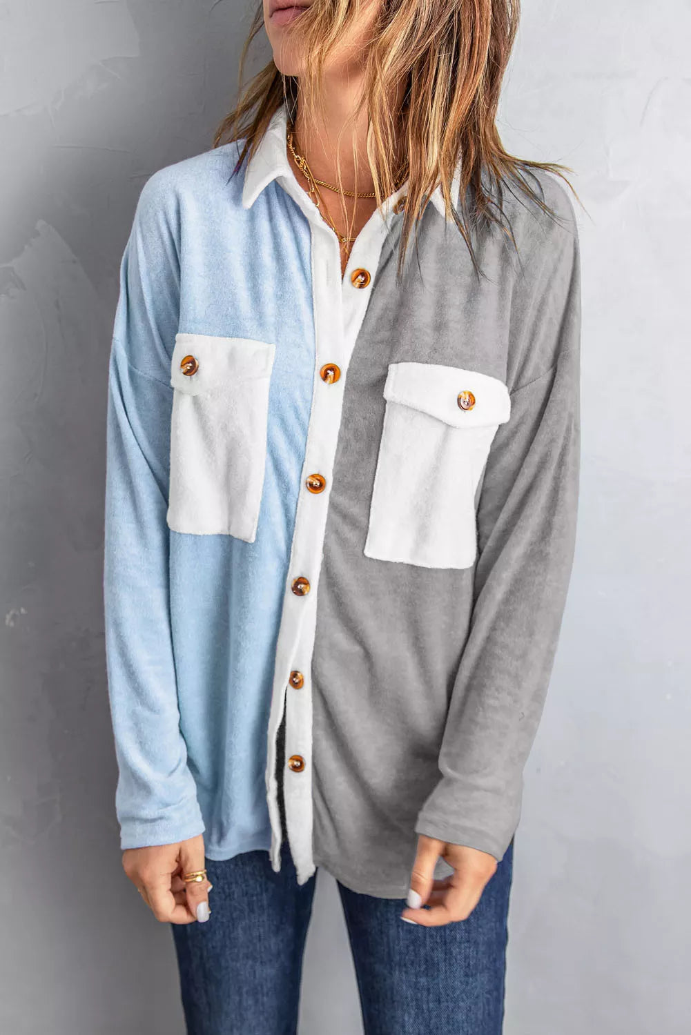 Colorblock Fleece Pockets Buttoned Shirt