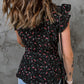 Black Floral Print Belted Ruffled V Neck Sleeveless Top