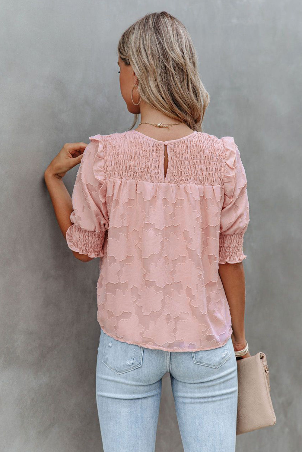 Pink Smocked Jacquard Textured Blouse