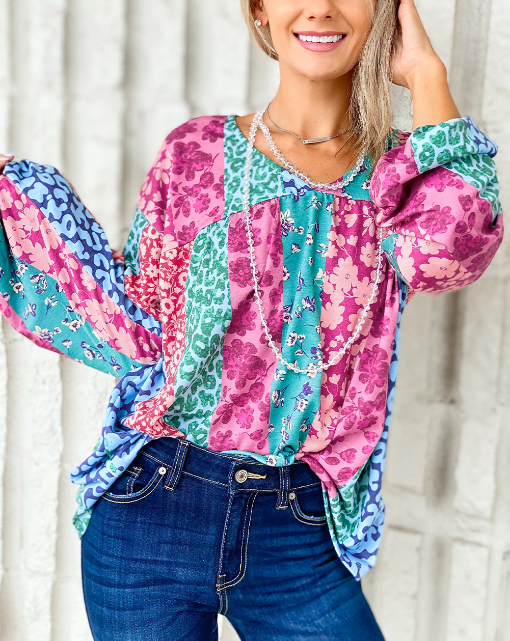 Multicolor Floral Leopard Mix Patchwork Loose Pullover