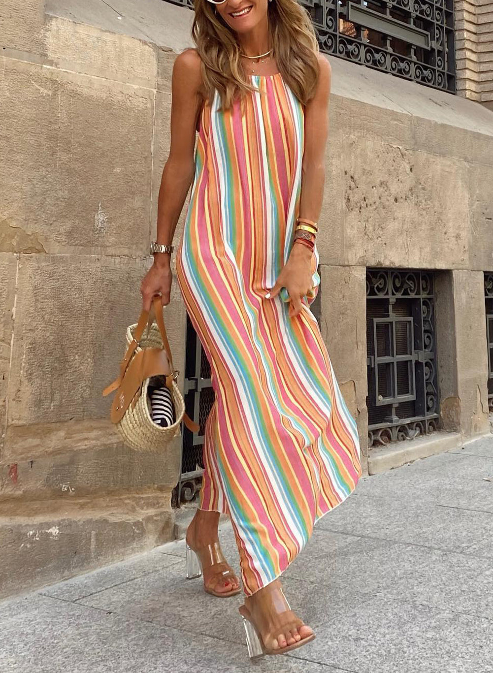 Bohemian Striped Print Sleeveless Holiday Maxi Dress