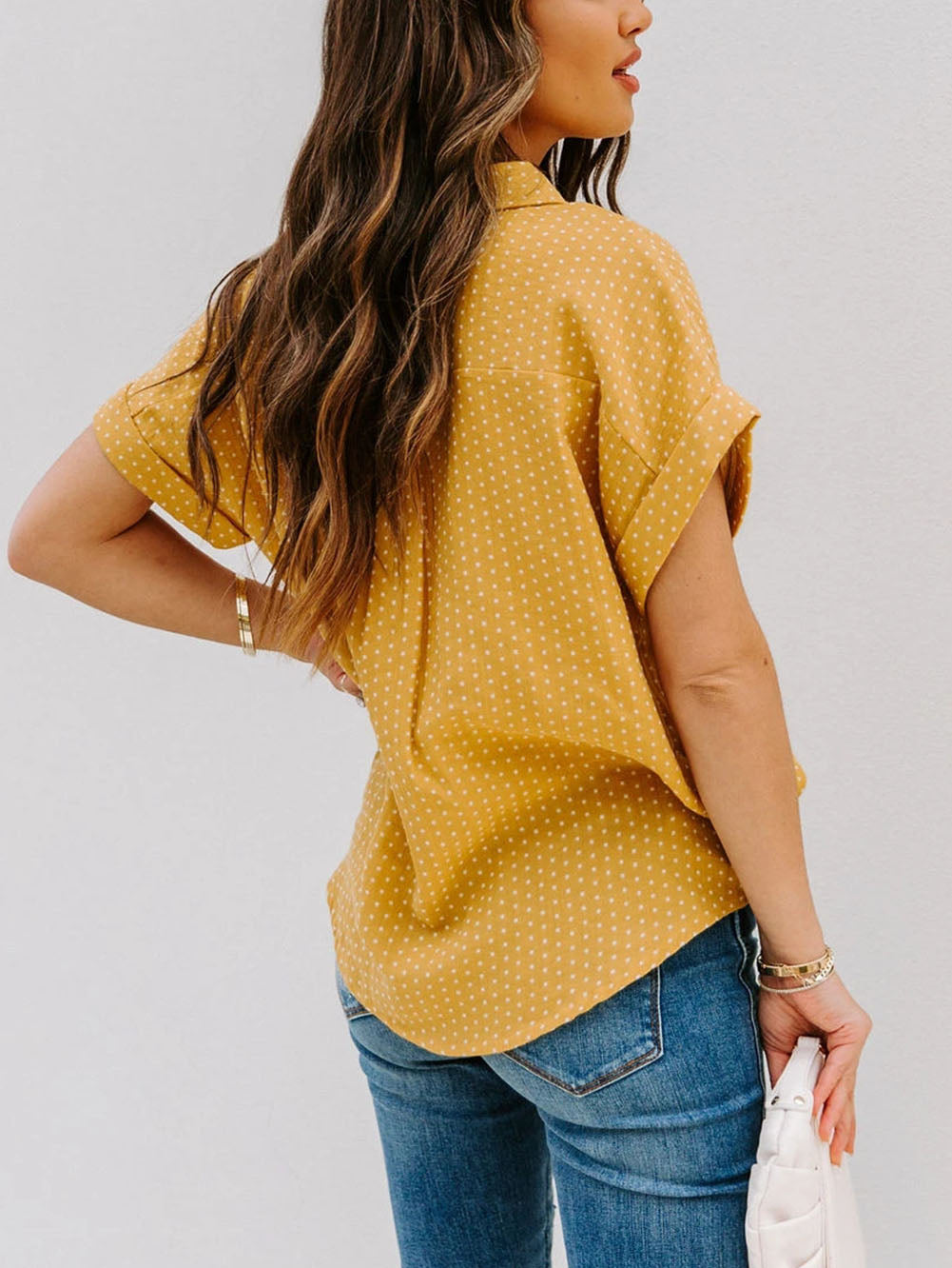 Yellow Rolled Short Sleeve Polka Dot Print Shirt